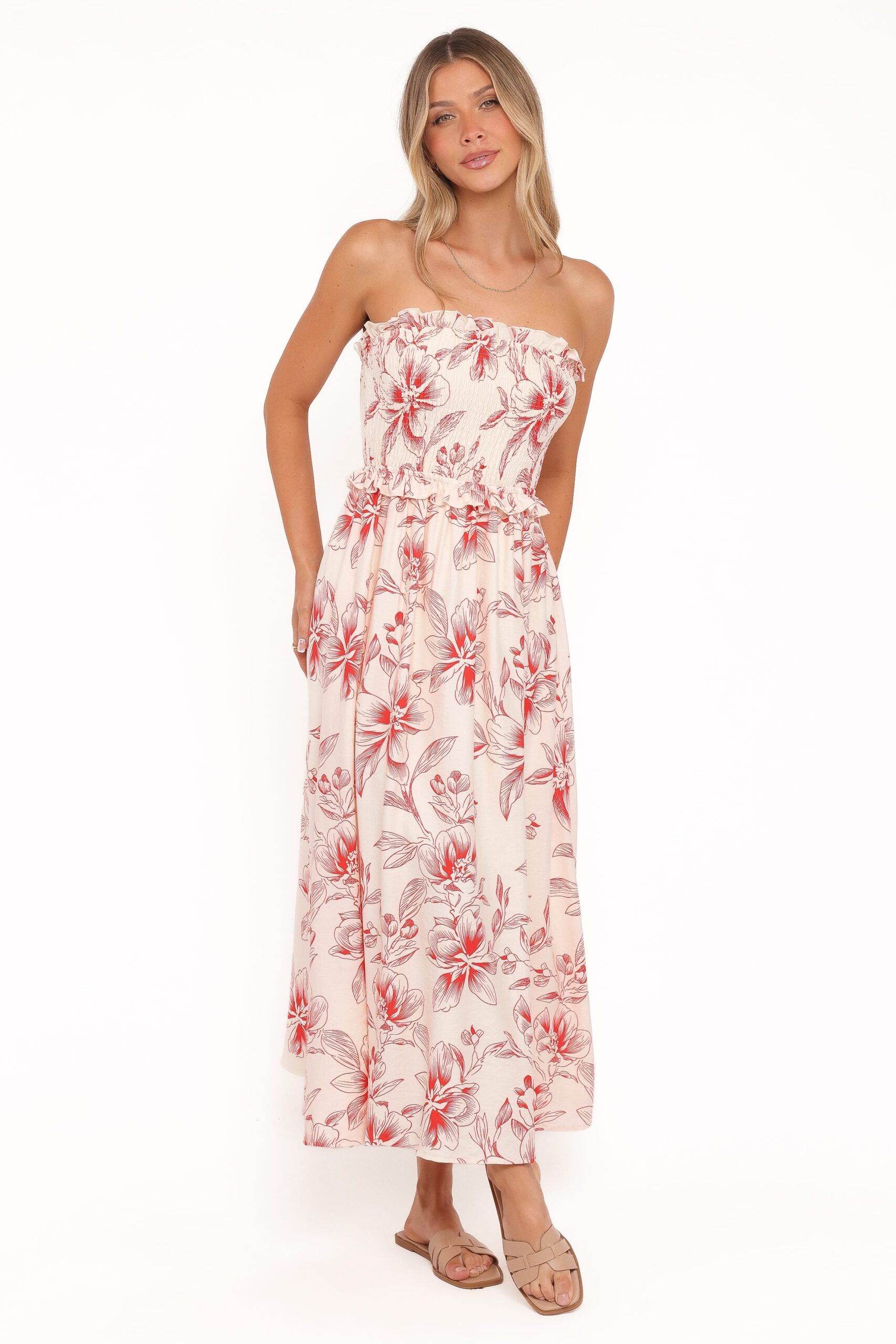 avania strapless midi dress red floral avania strapless midi dress red floral