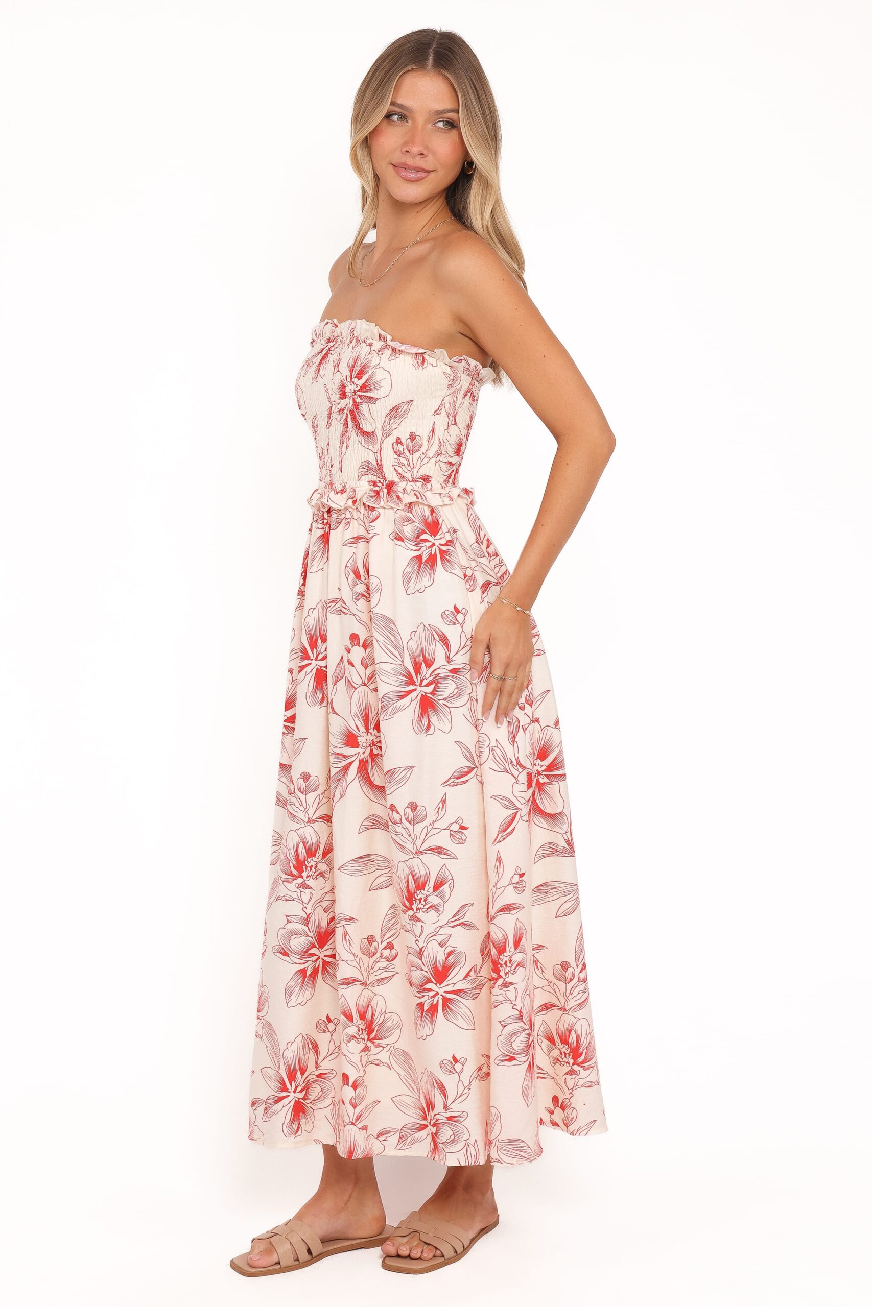 avania strapless midi dress red floral avania strapless midi dress red floral