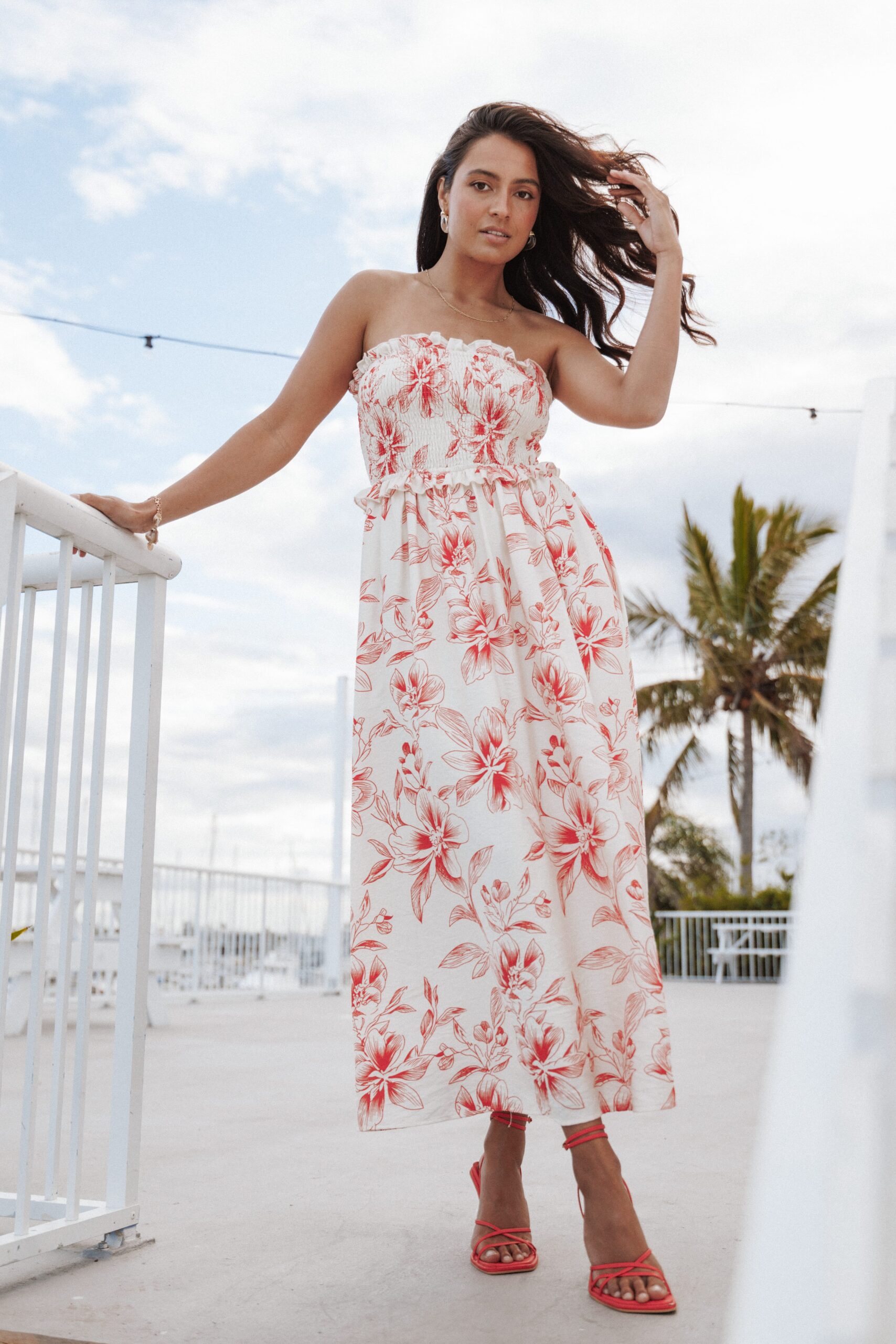 avania strapless midi dress red floral avania strapless midi dress red floral